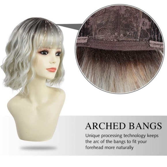 New Shoulder Length Wavy Bob Wig with Bangs Natural Ombre Silver  main image 4